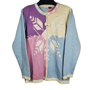 VTG 90s Jamie S Casuals Snowflake Knit Cardigan Sweater Zip Pastel Colorblock